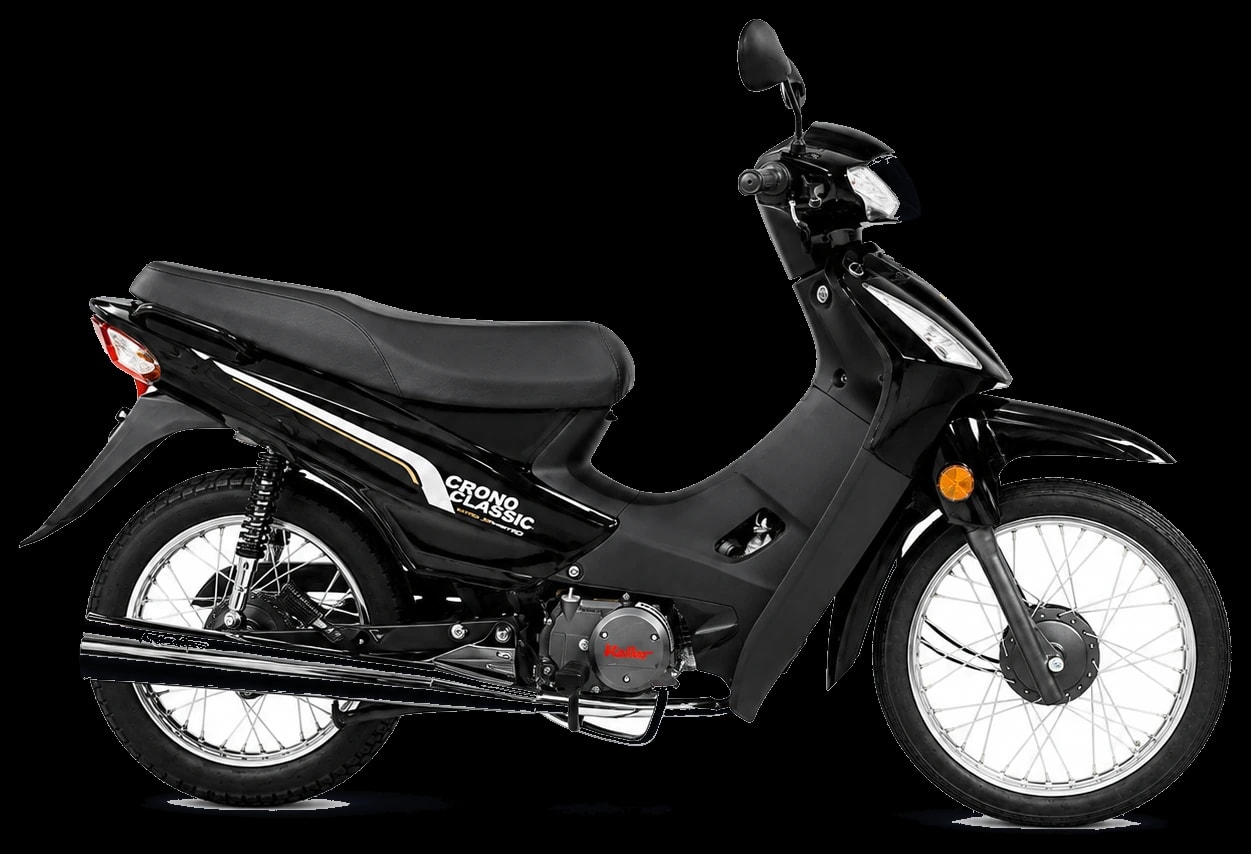 Moto Keller Crono Classic 110 negra, vista de perfil